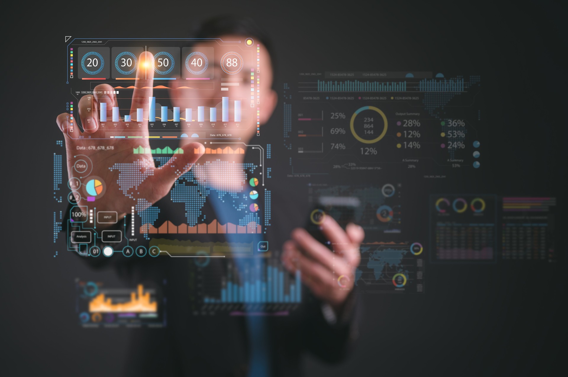 An analyst or businessman use dashboard for data business analysis and Data Management System with KPI and metrics connected to the database for technology finance, operations, sales, marketing